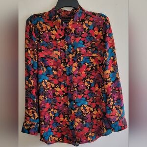 Vintage-Inspired Floral Button-Up Blouse|Bold Abstract Print| Retro Boho Artsy